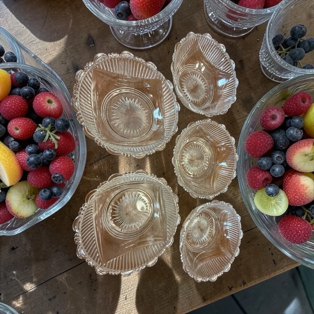 Antique DC Jenkins Glass Berry Bowls Set of 5 Rib Over Drape Scalloped